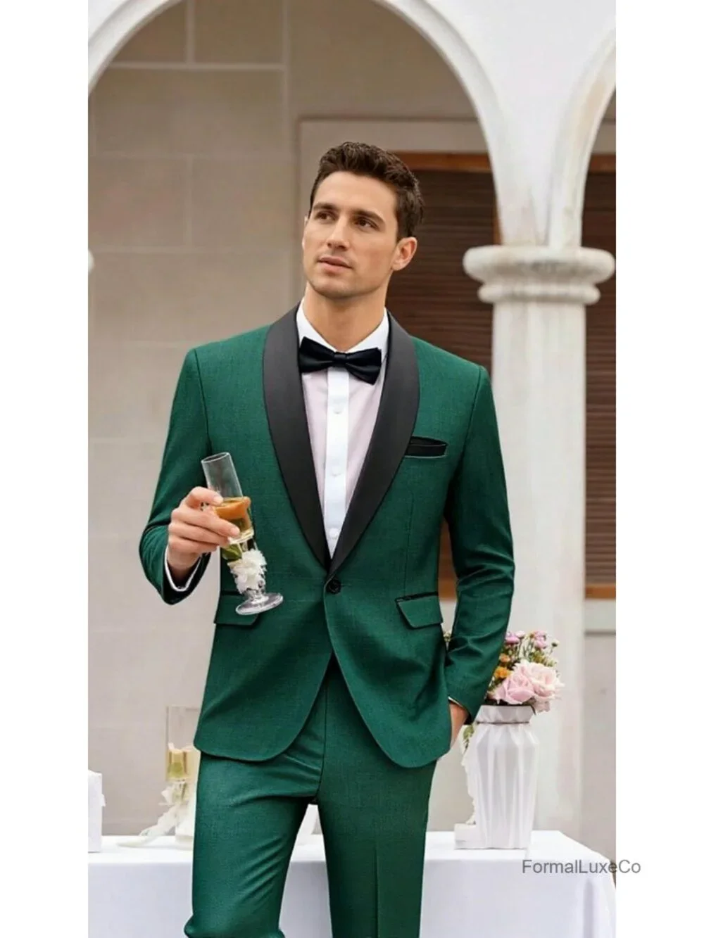 Men's Shawl Lapel Tuxedo 2 Piece Set with Bow Tie, One Button, Satin Lapel,